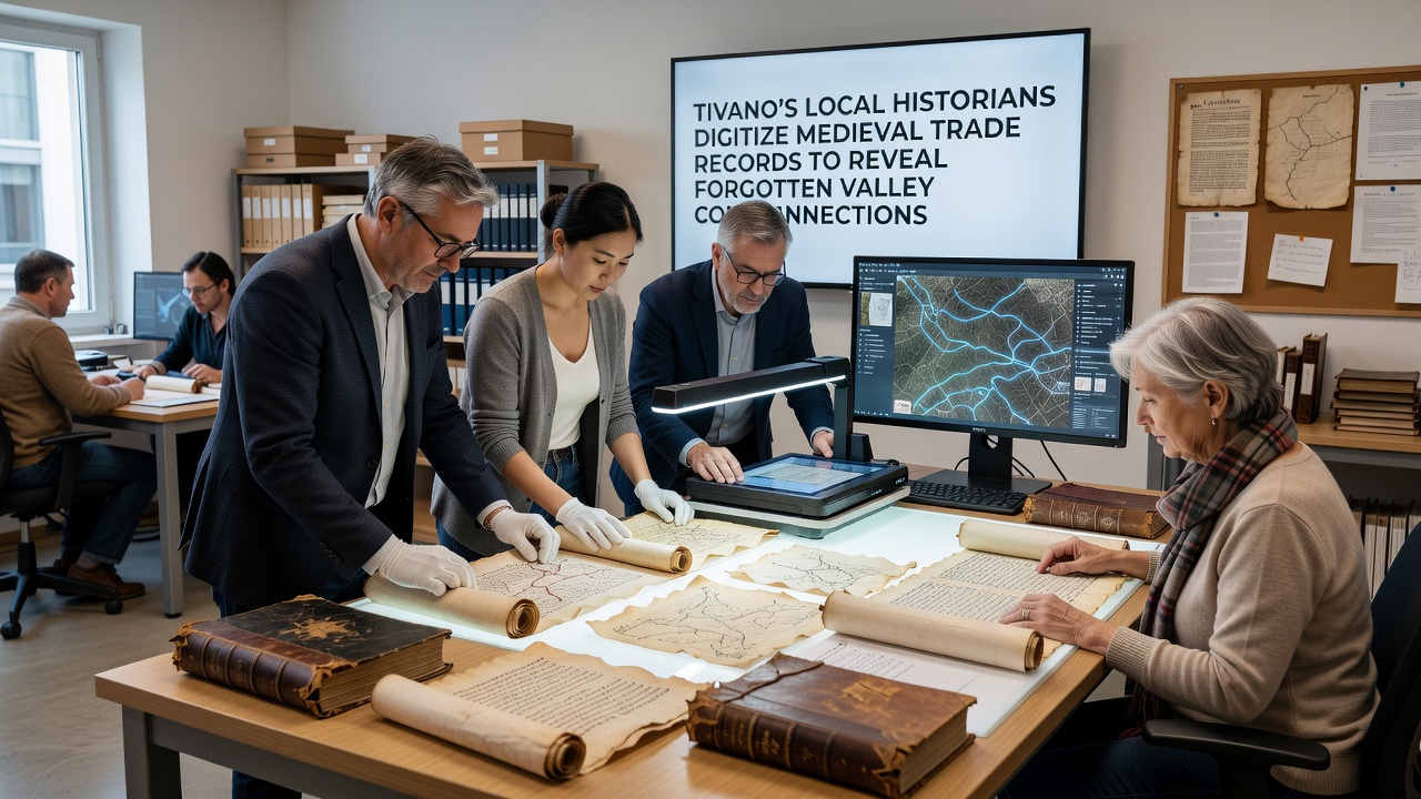 Digitized medieval ledger pages displayed on archival workstations